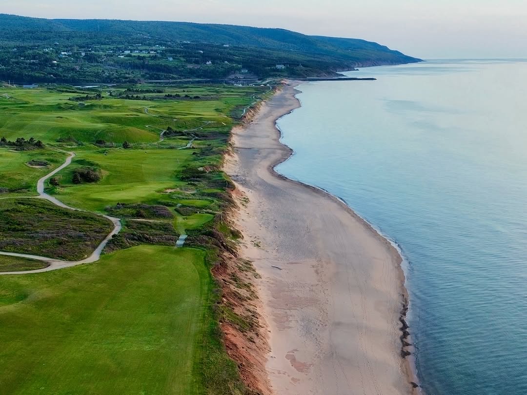 Cabot Links running along a Cape Breton beach, from the air
