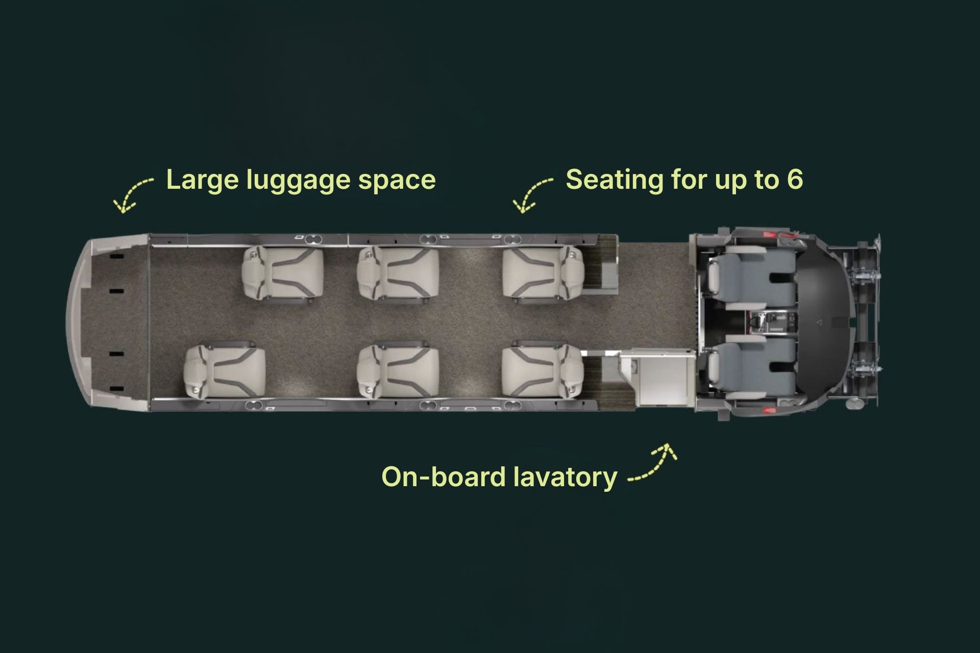Pilatus PC-12 cabin layout with six passenger seats, luggage space and an onboard lavatory
