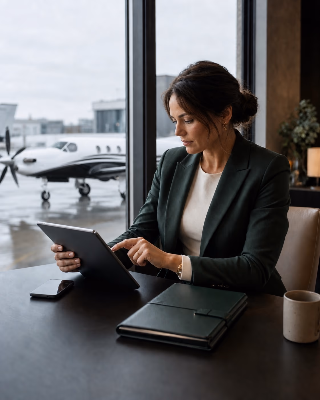 A NectAir concierge reviewing a trip plan with a Pilatus PC-12 outside