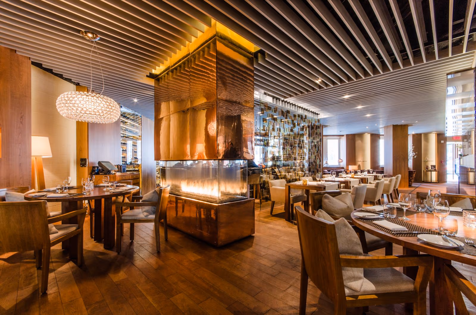 The warm dining room at Maison Boulud in The Ritz-Carlton, Montréal