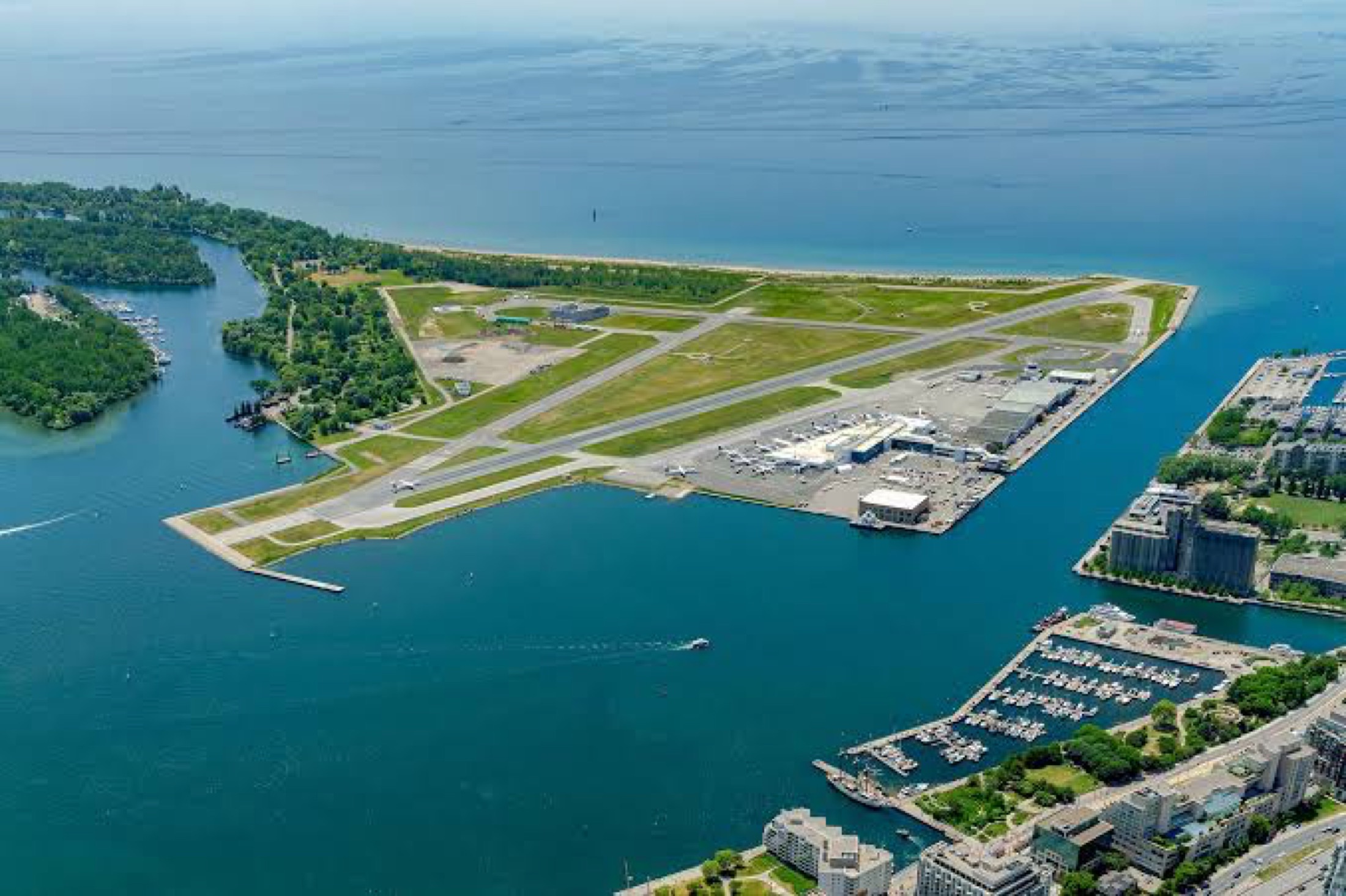 Aerial view of Billy Bishop Airport on the Toronto waterfront
