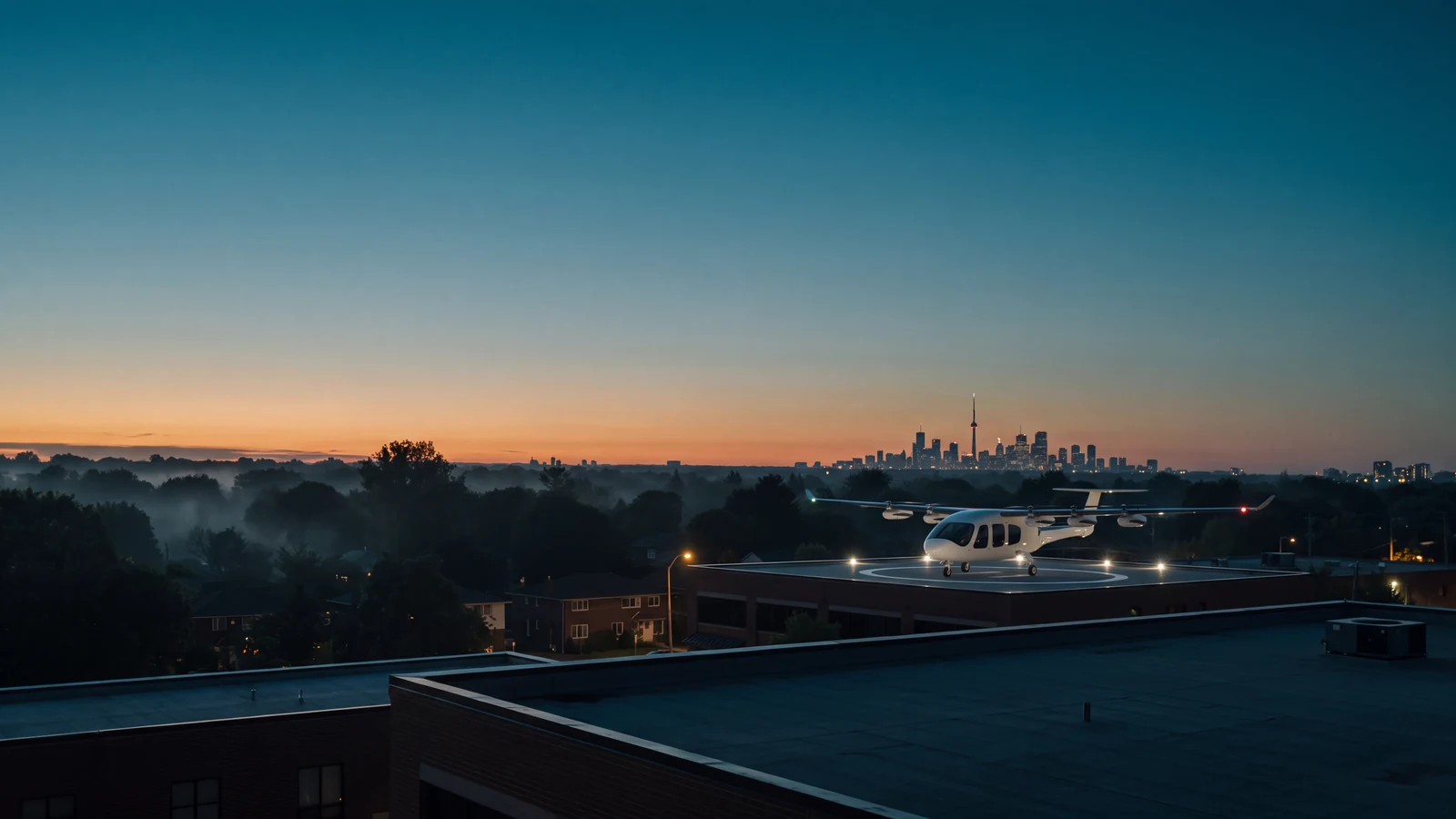 An electric aircraft parked on a rooftop landing pad in a Toronto suburb at blue hour, with the CN Tower on the horizon