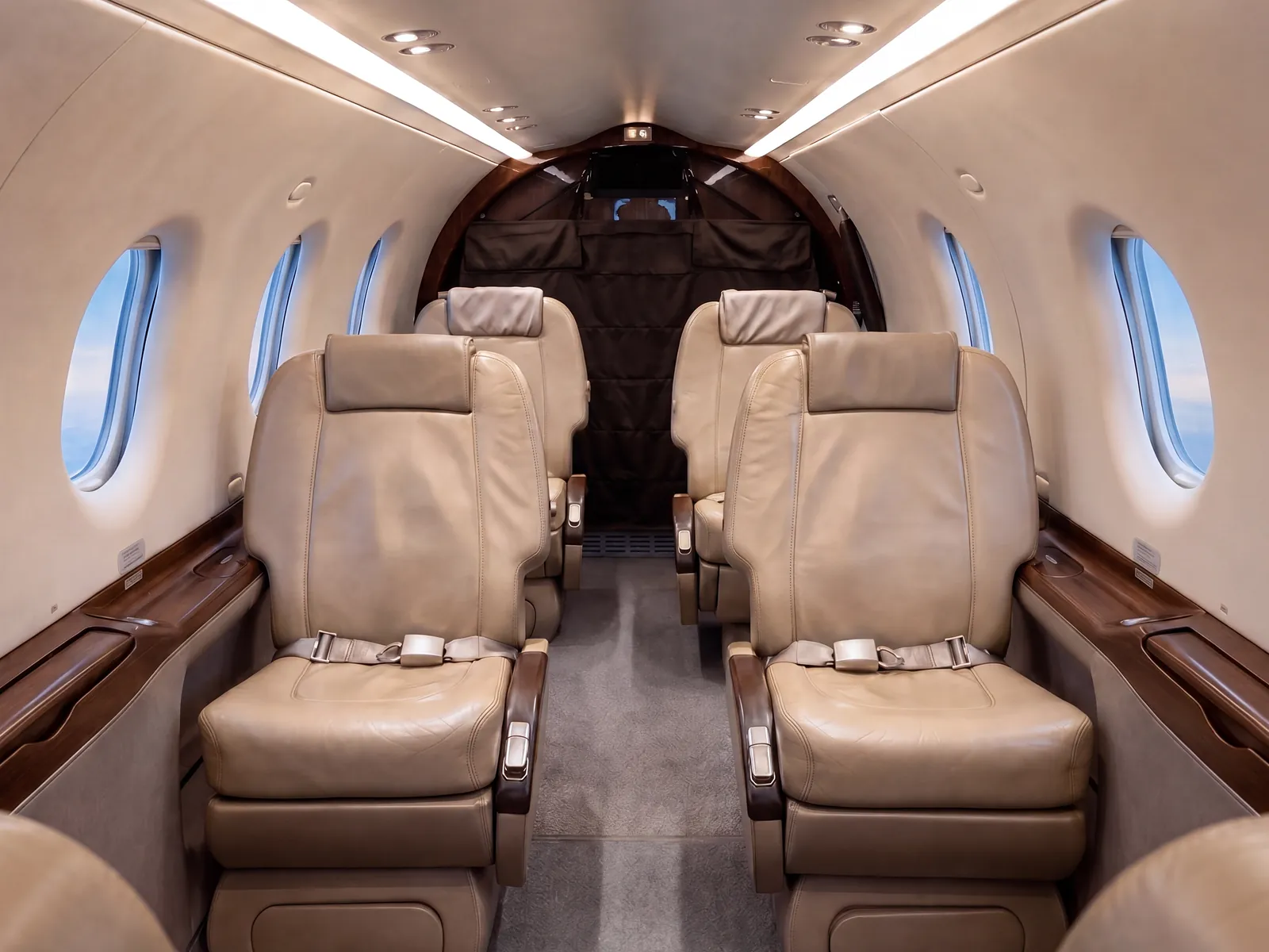 Four leather seats in the cabin of a Pilatus PC‑12, with sky in the windows