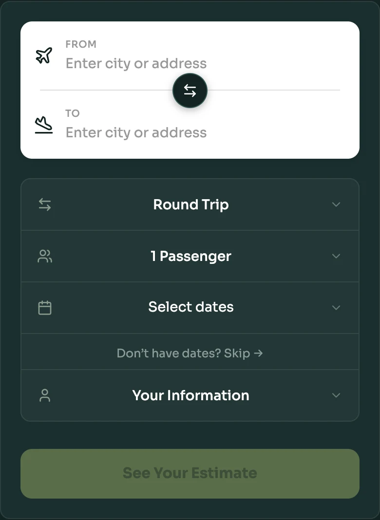 The NectAir booking tool on a phone: from, to, trip type, passengers, dates and your information