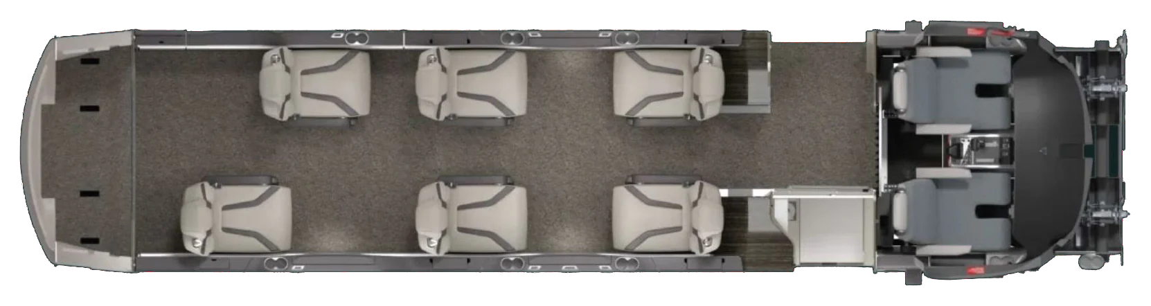 Pilatus PC‑12 floor plan: seating for up to 6, full‑size luggage compartment, onboard lavatory